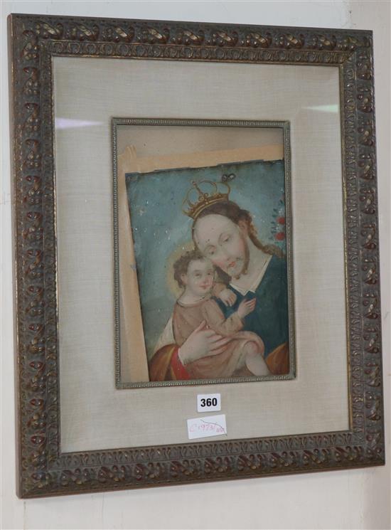 Cusco School, oil on metal panel, Christ holding a child, 32 x 22cm